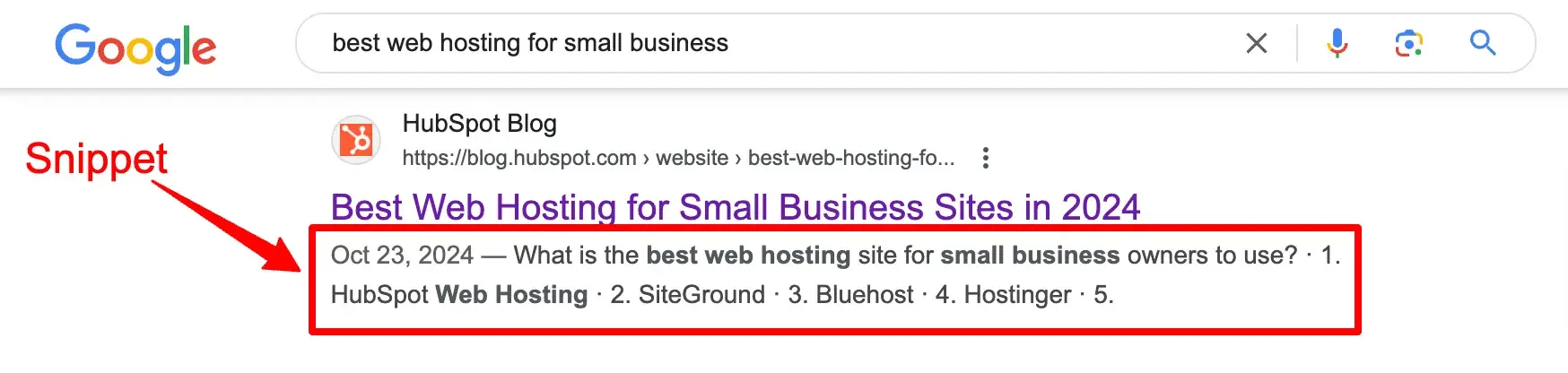 Google Search result with the snippet highlighted