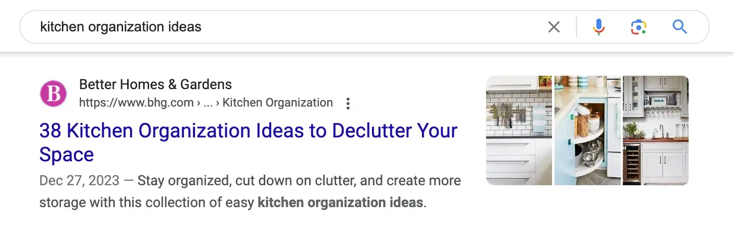 The Better Homes & Gardens Google Search result for the term “kitchen organization ideas”