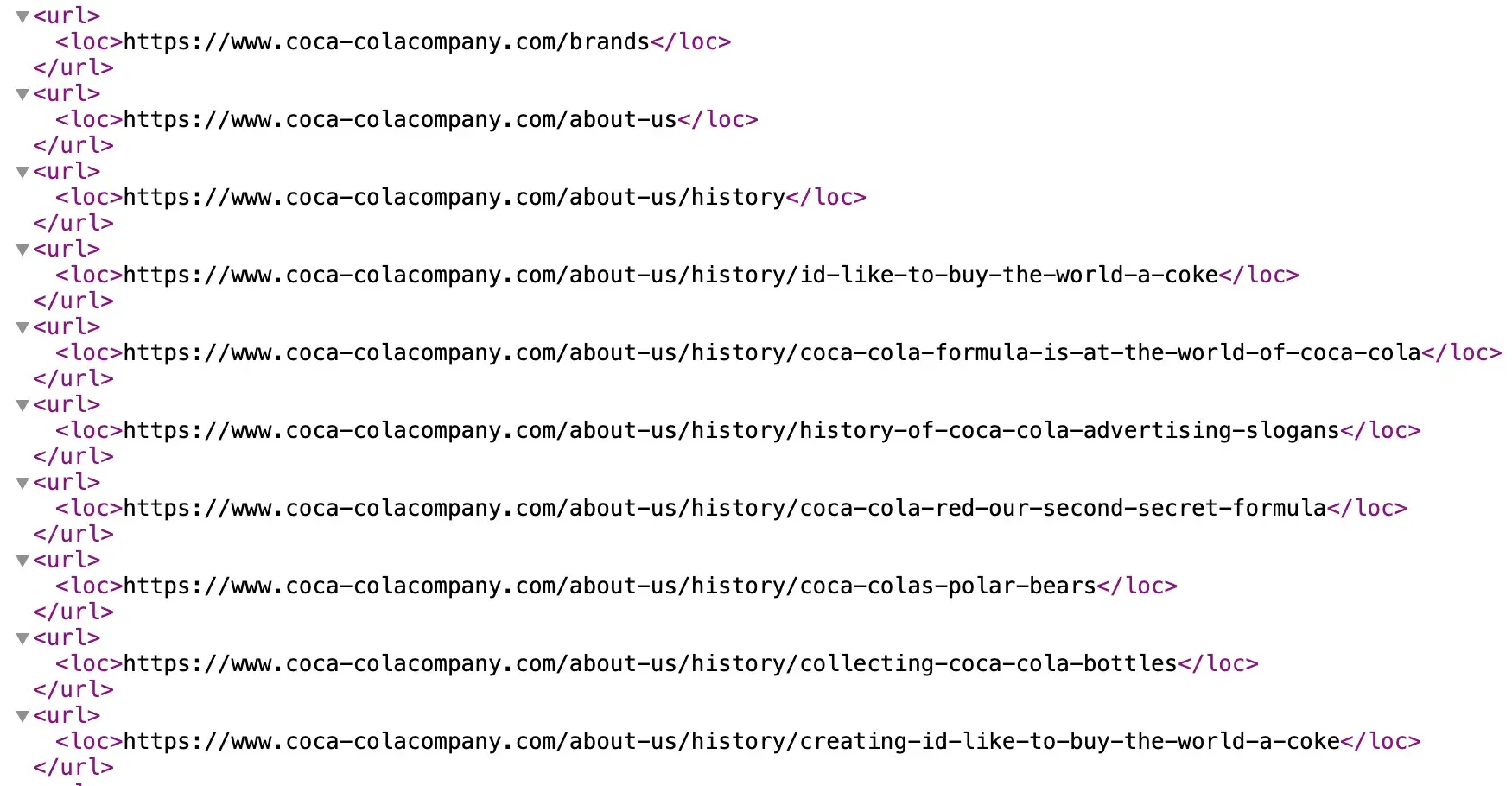 Coca-Cola XML sitemap screenshot