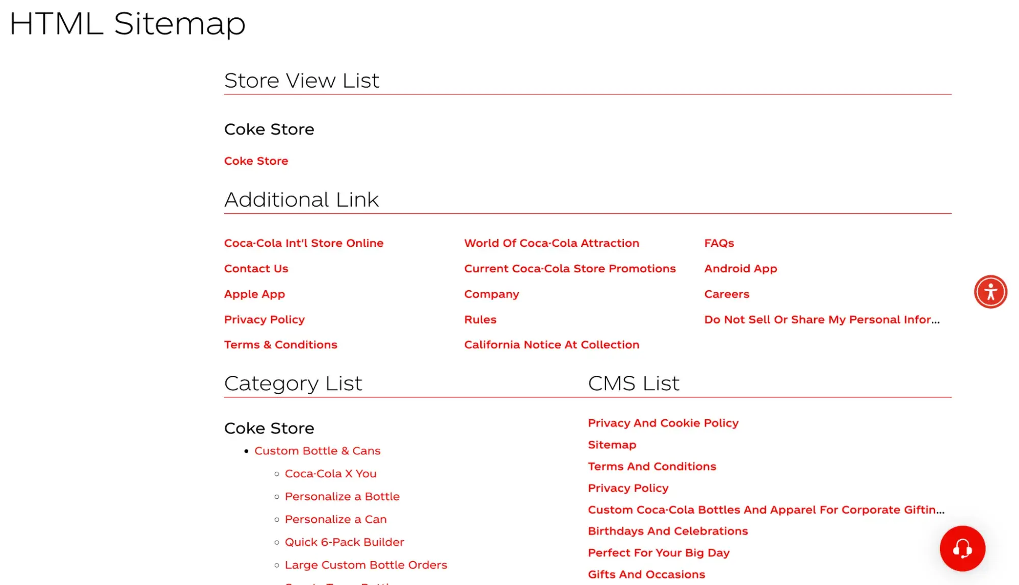 HTML sitemap example from Coca Cola website