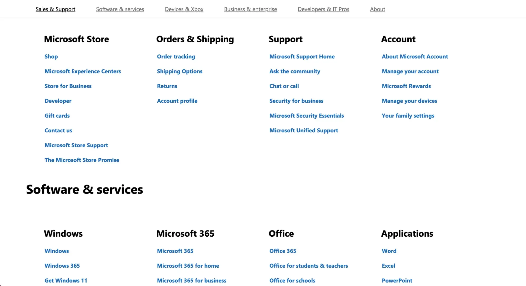 Example of a HTML sitemap from Microsoft