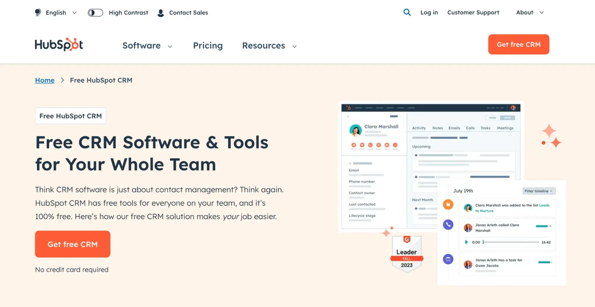 CRM example screenshot of HubSpot homepage