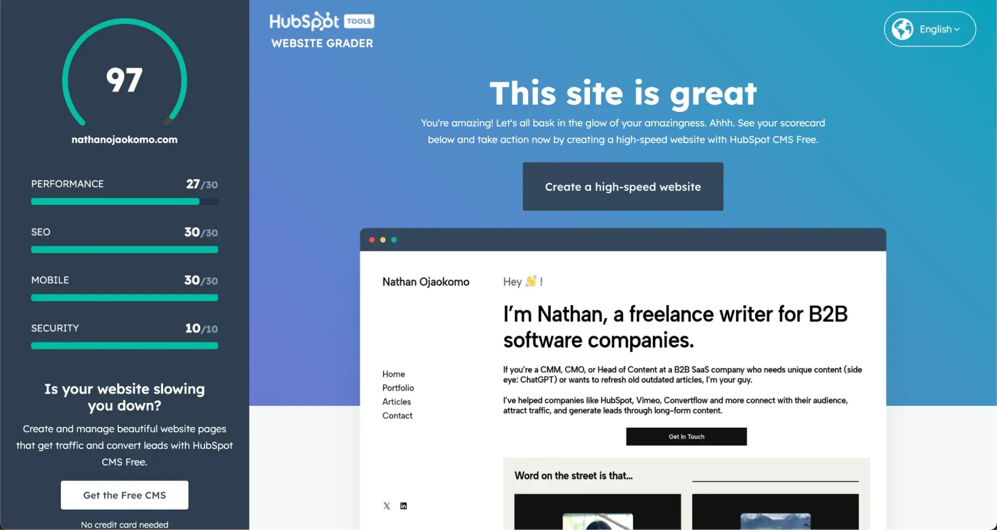 HubSpot’s Website Grader performance result for nathanojaokomo.com