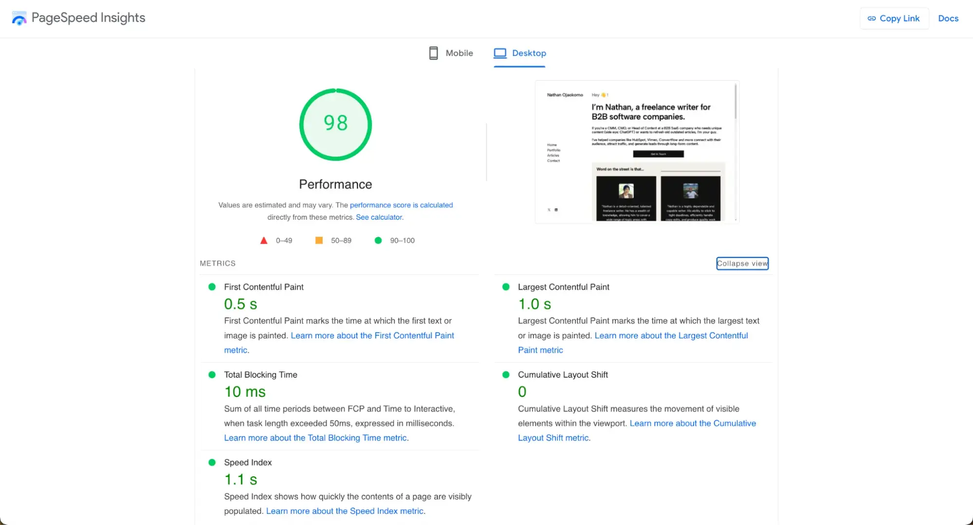 PageSpeed Insights performance result for nathanojaokomo.com