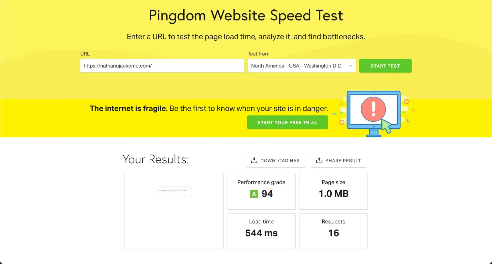 Pingdom result showing nathanojaokomo.com website speed