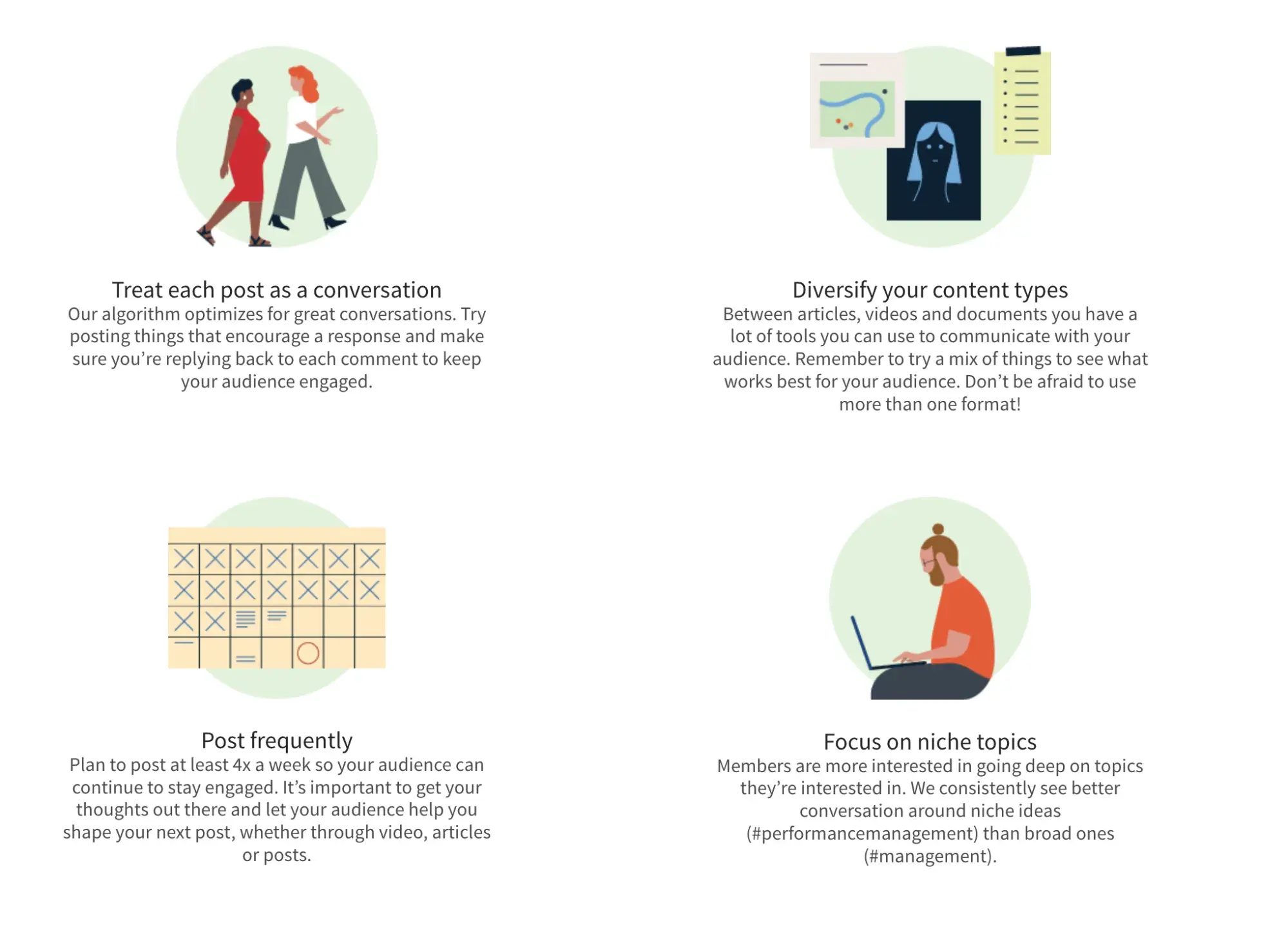 Screencap of four of LinkedIn’s content best practices. Treat each post as a conversation. Diversity your content types. Post frequently. Focus on niche topics.