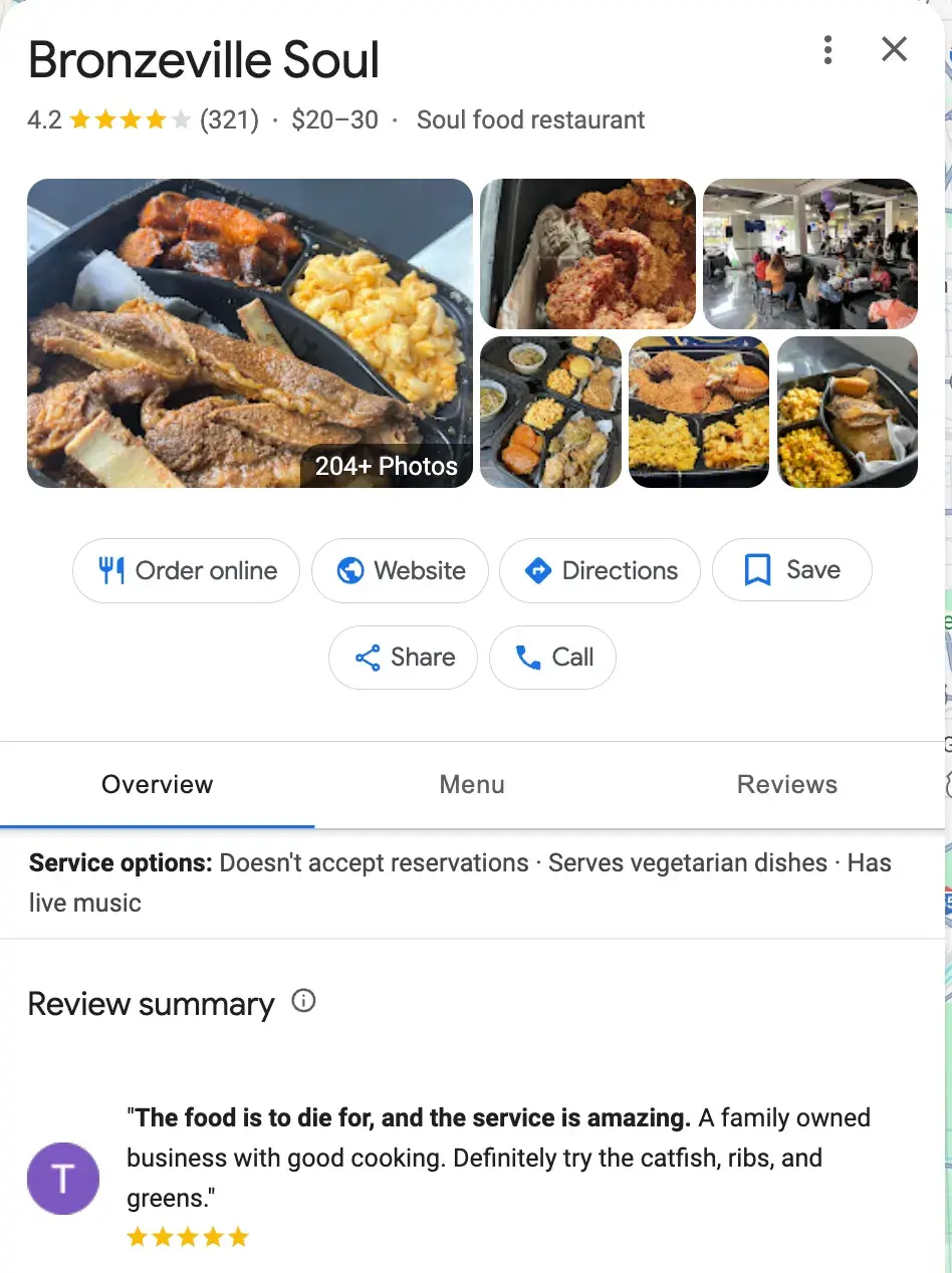 Screencap of Google listing for Bronzeville Soul.