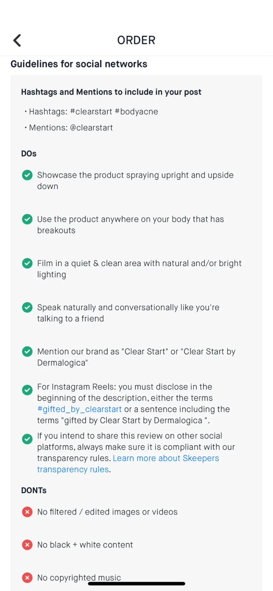 Screenshot showing how brands share content guidelines with influencers in the Skeepers app.