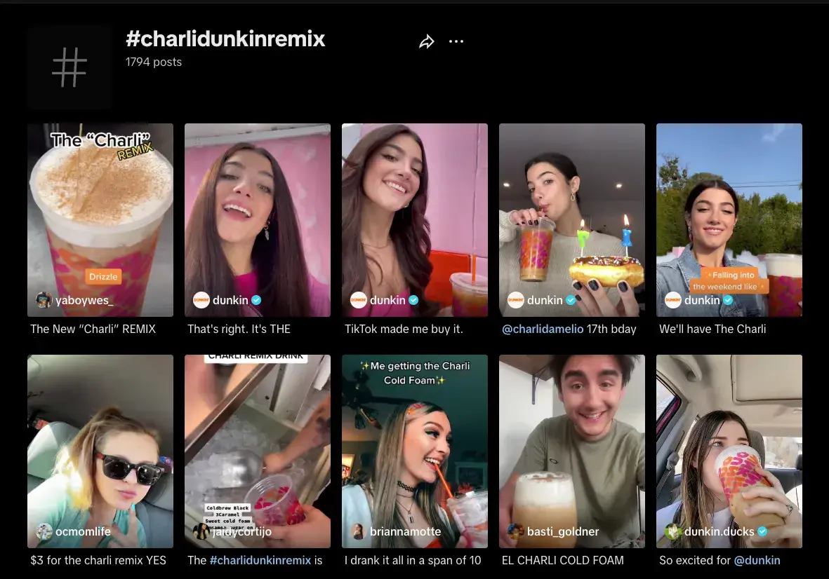 Screenshot showing the results for #charlidunkinremix on TikTok