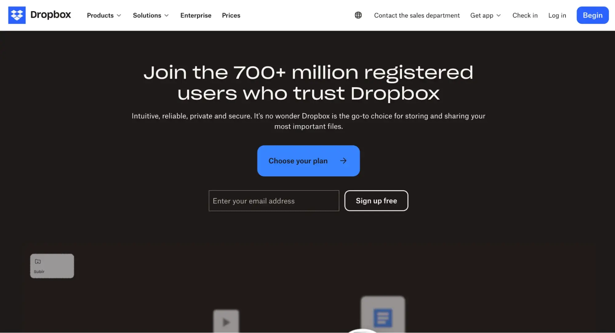 Intuitive design example from dropbox website