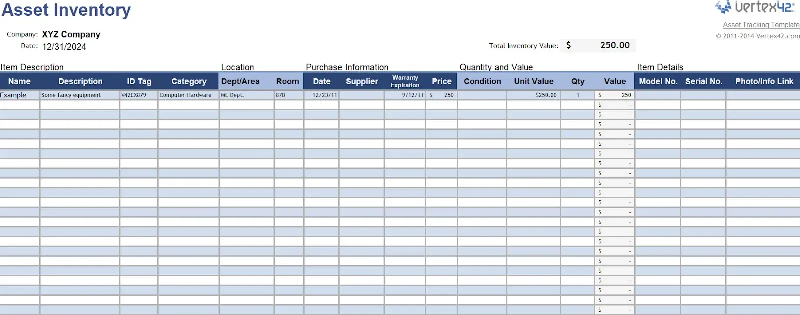 an asset tracking template with headers like name, description, id tag, and category.