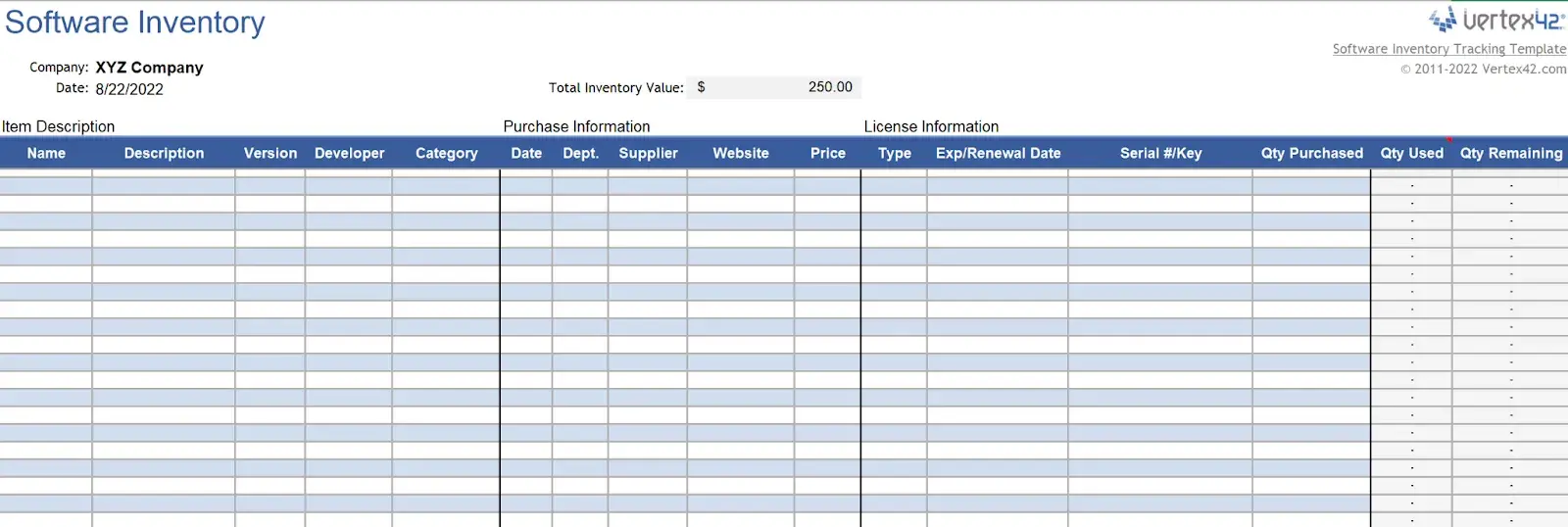 a software tracking template with headers like name, version, developer, and renewal date.