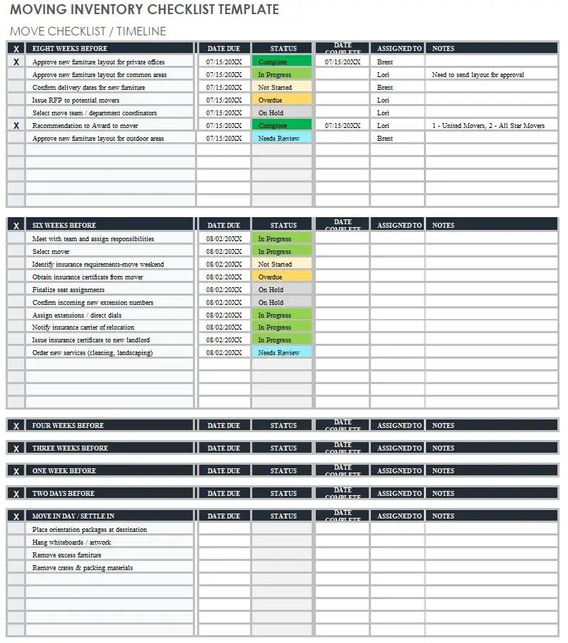 a moving inventory checklist with multiple tables divided by timeline.