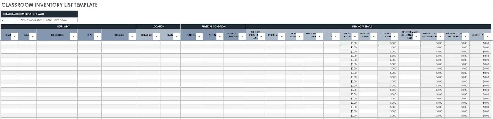 a classroom inventory list to manage equipment by location, physical condition, and more.