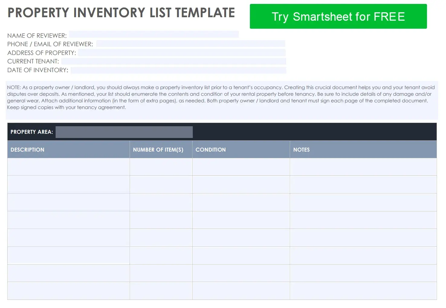 inventory list for managing properties, with headers like description, number of items, condition, and notes.