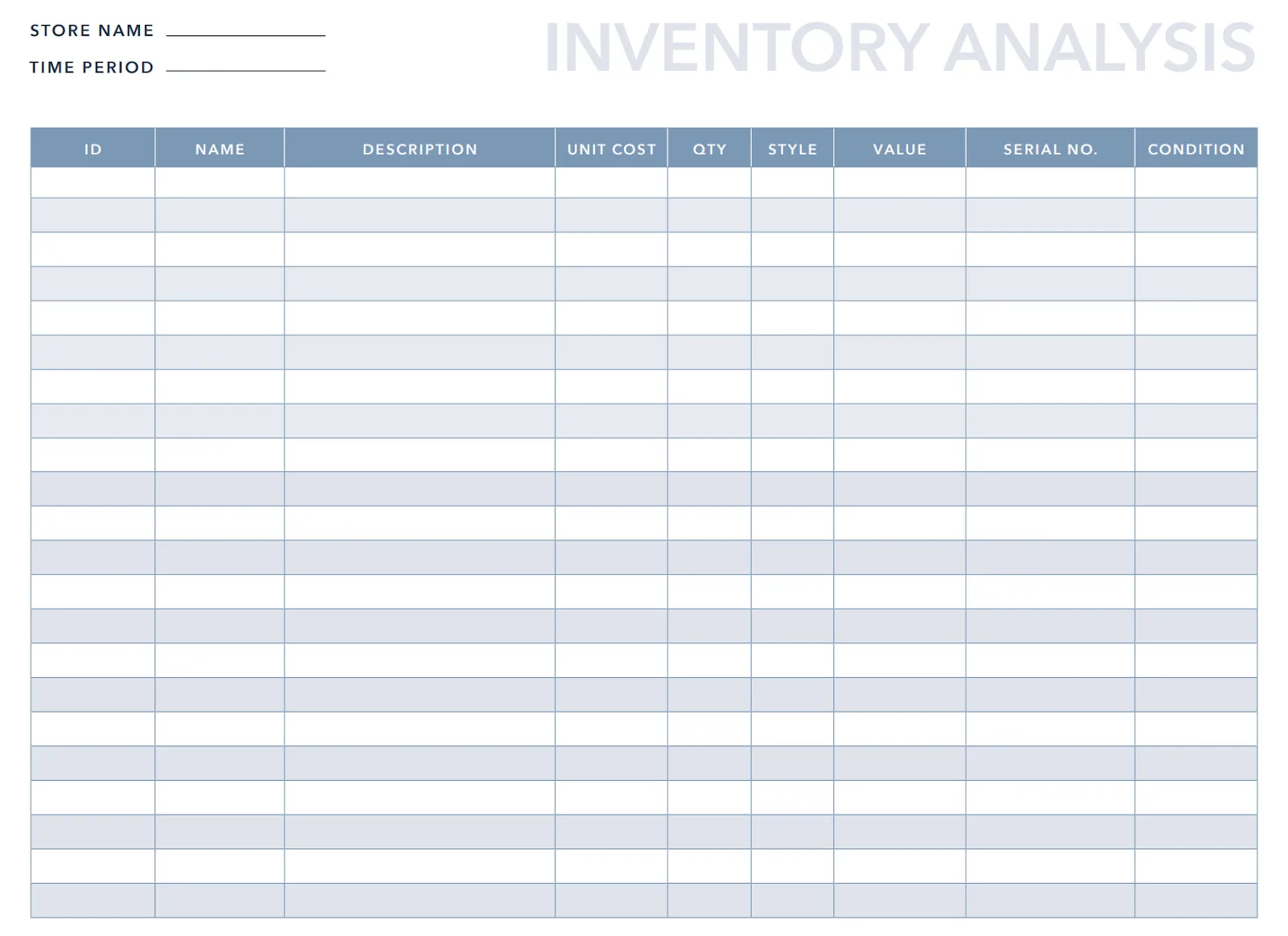 hubspot spreadsheet template displaying a table with pre-labeled columns for inventory details.