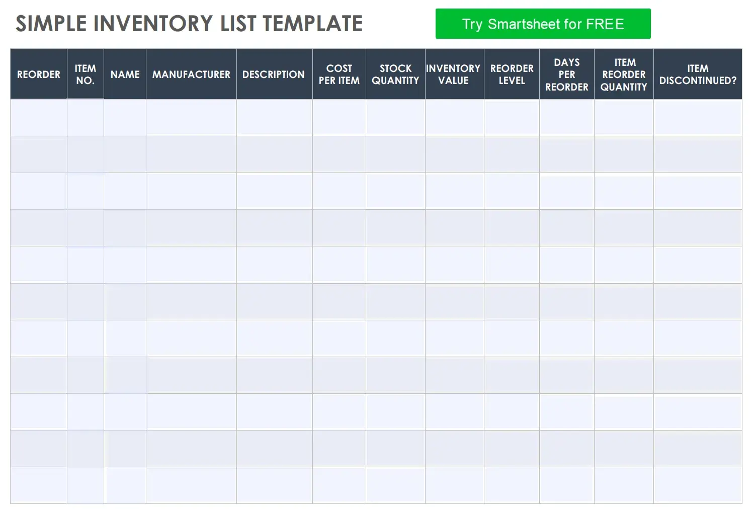 simple spreadsheet template displaying a table with pre-labeled columns for inventory details.