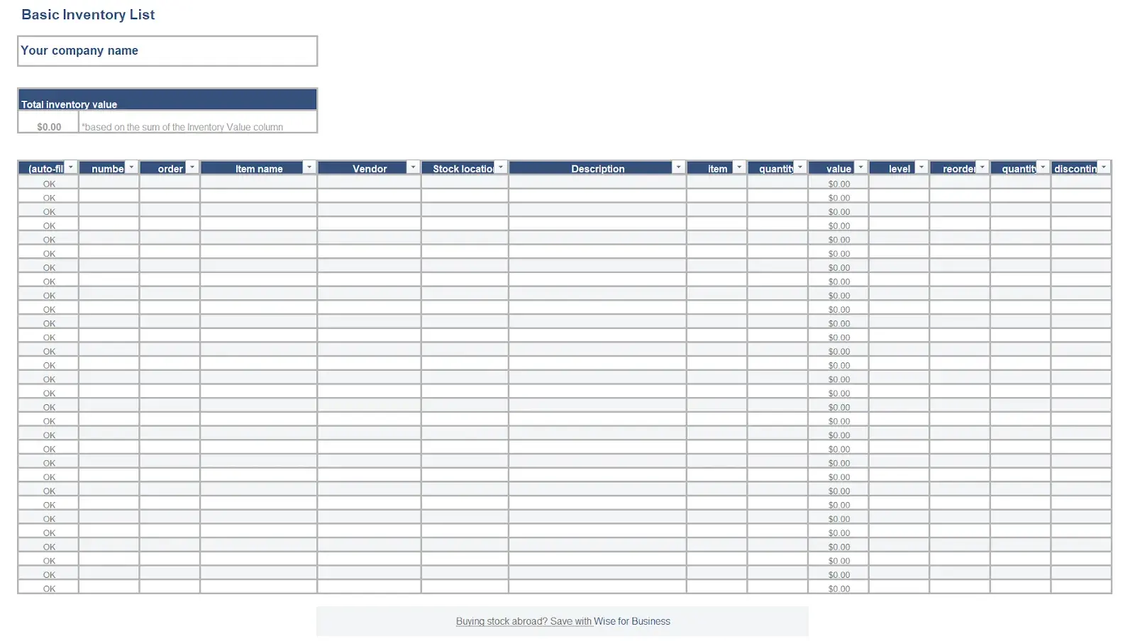 inventory table with headers for things like number, order, item name, and vendor.