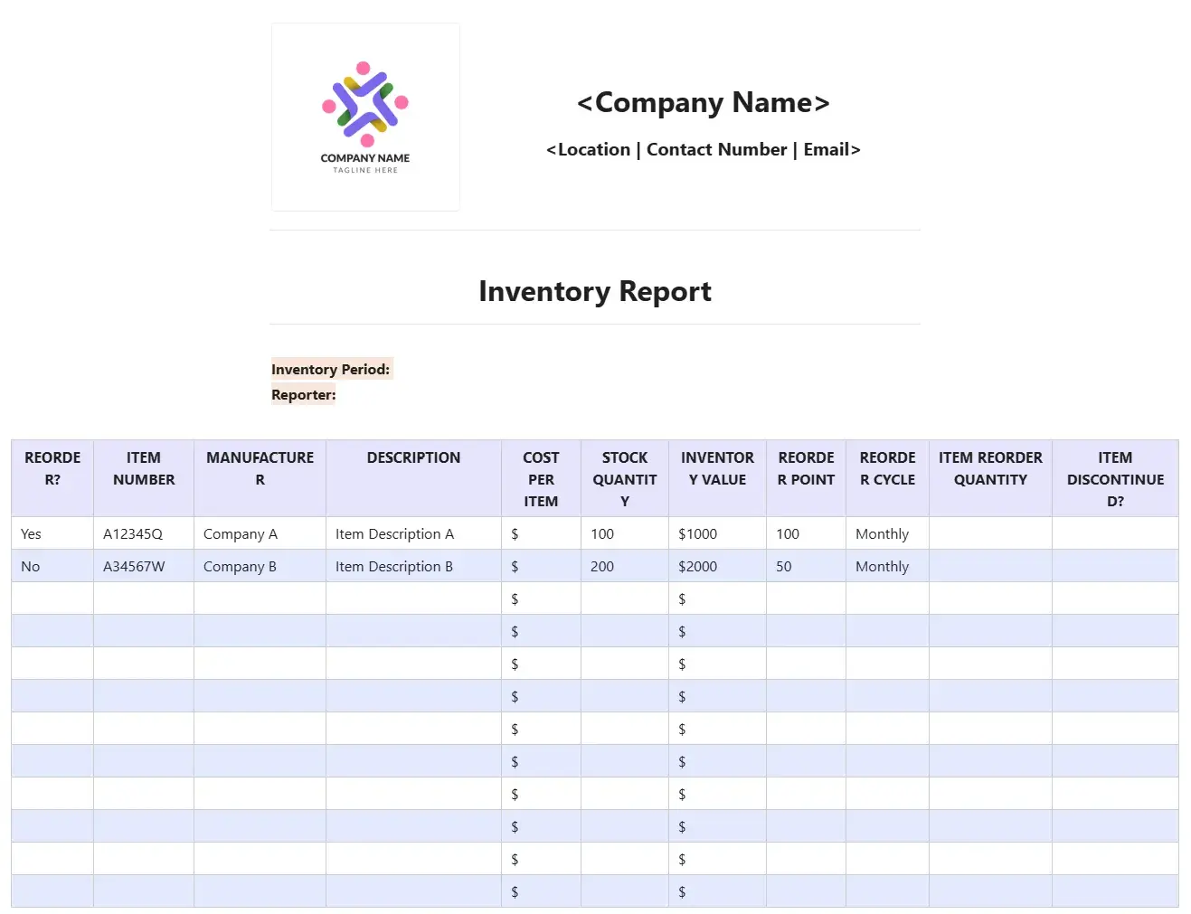 inventory report table with headers for things like reorder, item number, manufacturer, and description.