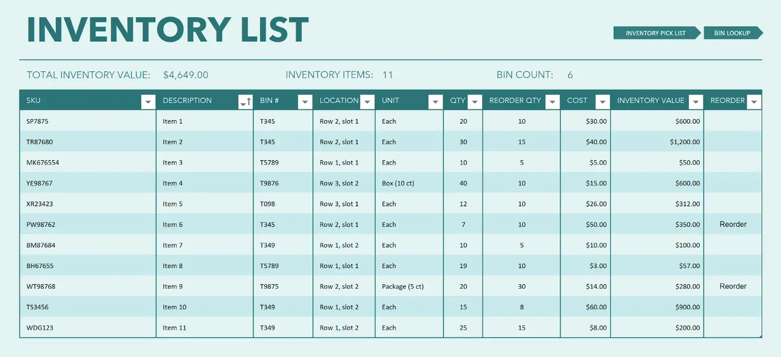 turquoise inventory list with table featuring headers like sku, description, bin #.