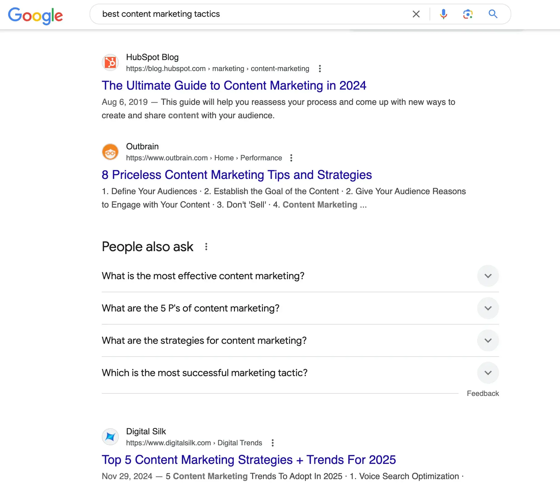 keyword rankings; google search results for the term “best content marketing tactics”