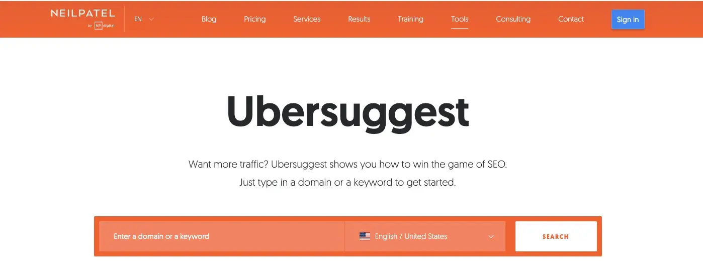 Screencap of Ubersuggest’s keyword research tool.