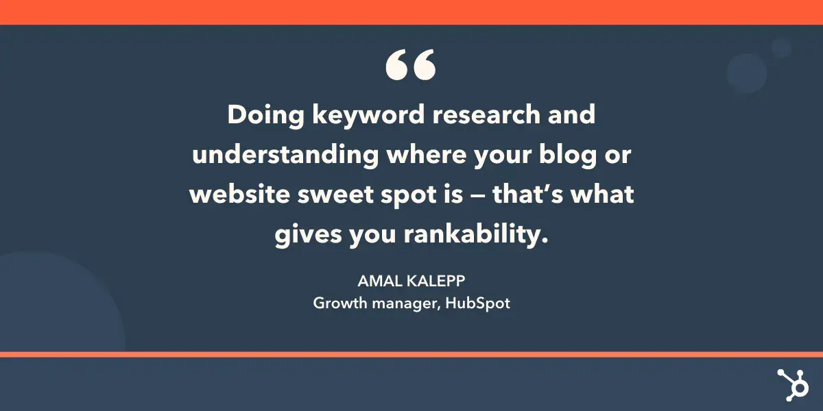 “Doing keyword research and understanding where your blog or website sweet spot is — that’s what gives you rankability.—Amal Kalepp, Growth manager, HubSpot.”