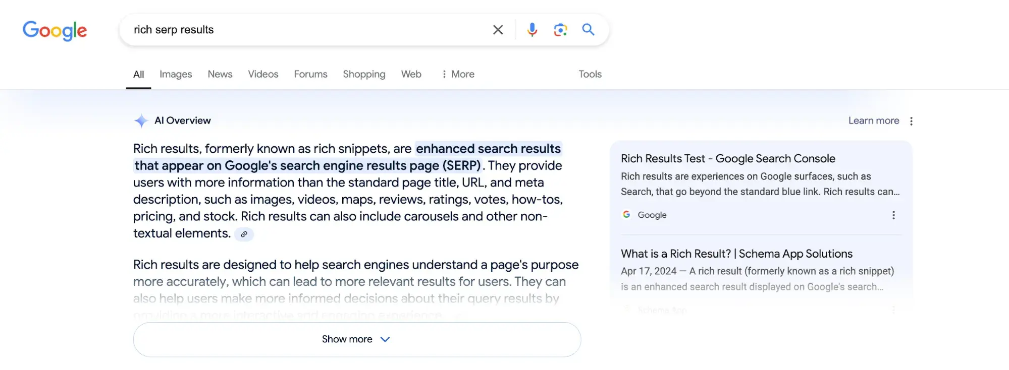 Screencap of Google’s AI Overviews’ definition of rich results, “enhanced search results that appear on Google’s search engine results page (SERP).”