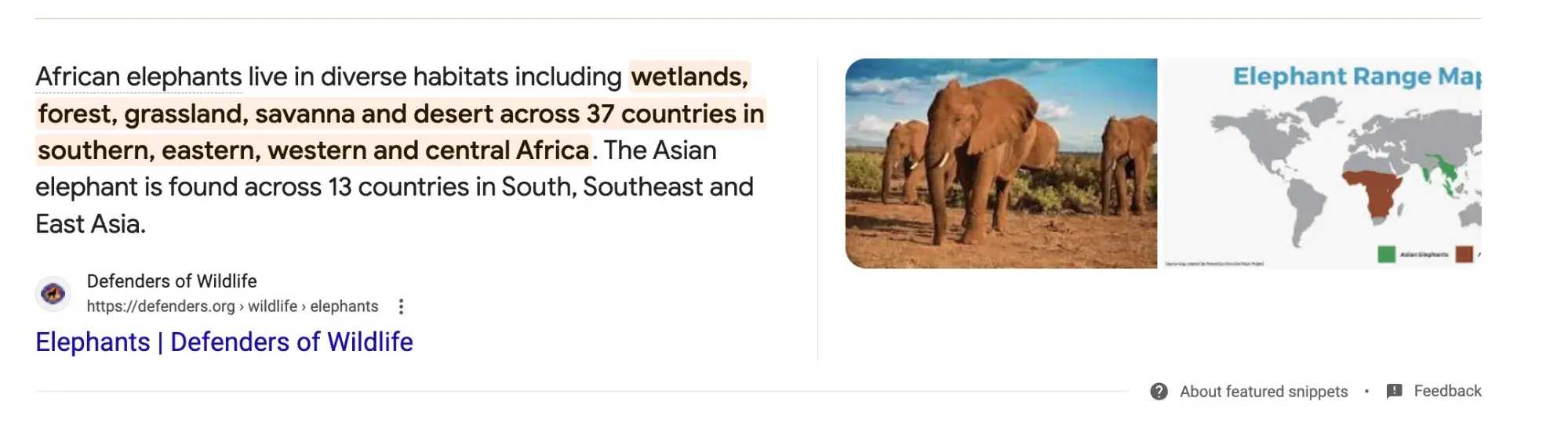 Screencap of featured snippet for the search, “Where do elephants live?” “African elephants live in diverse habitats including wetlands, forest, grasslands, savanna, and desert across 37 countries in southern, eastern, western, and central Africa.”