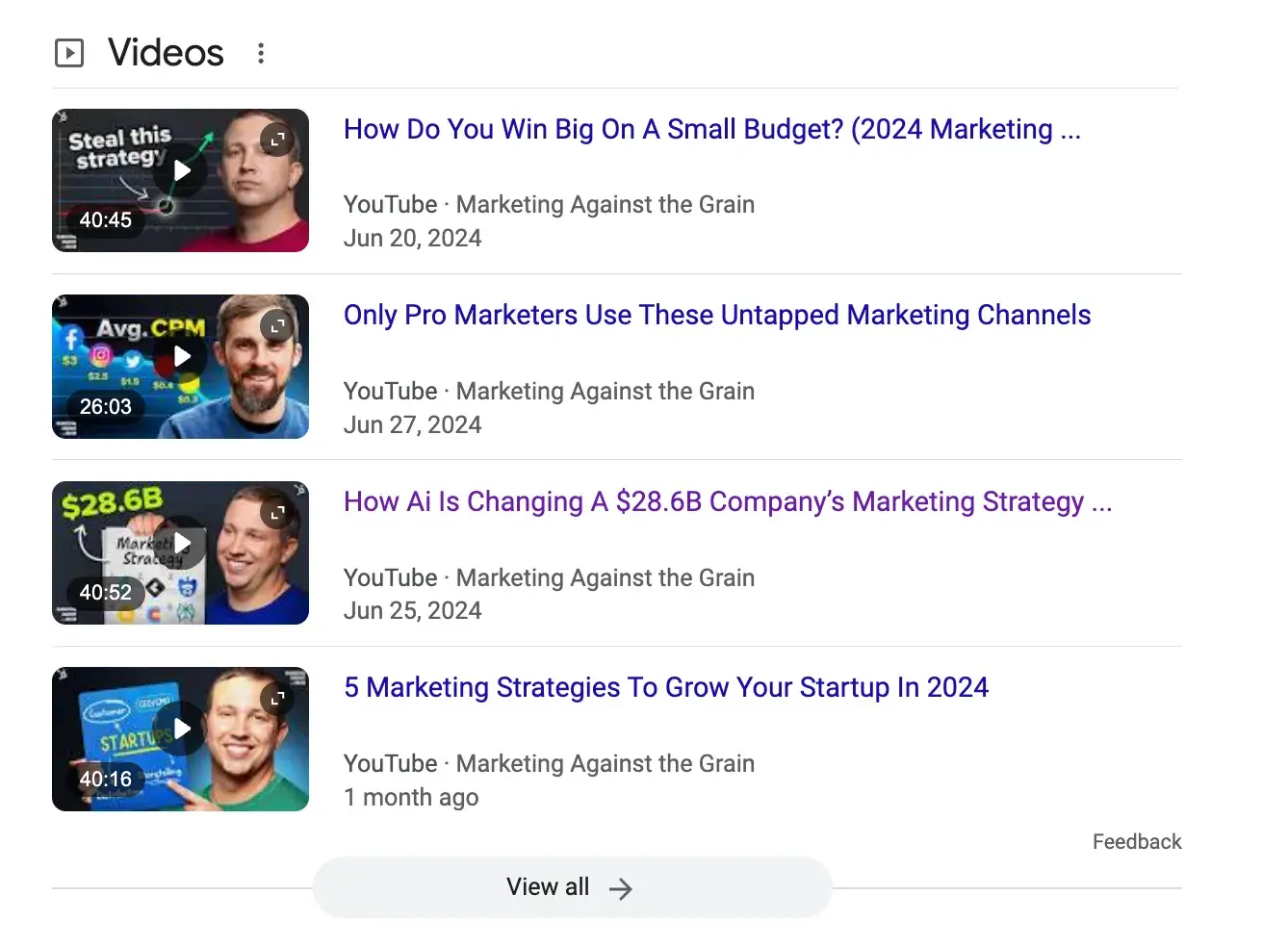 Screencap of Google’s video snippets for “Marketing Against the Grain.” It shows thumbnails and titles for four video podcast episodes.