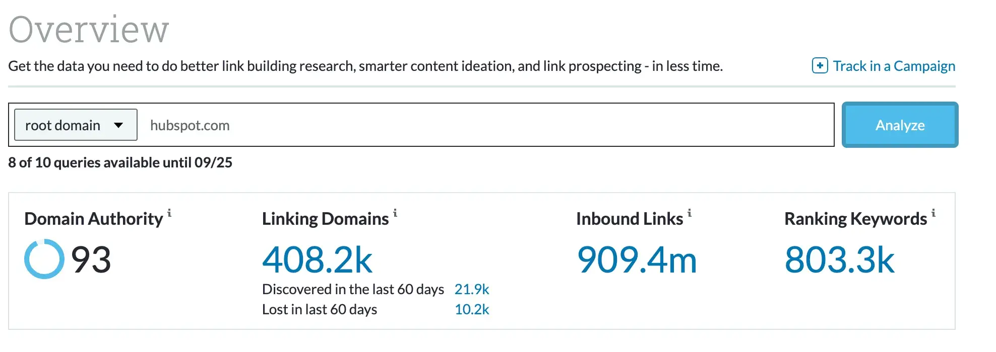 Screencap of Moz’s link explorer results for hubspot.com. “Domain authority: 93. Linking domains: 408.2K. Inbound links: 909.4m. Ranking keywords: 803.3K.”