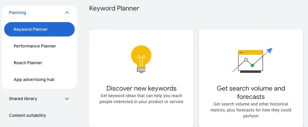 choose ‘discover new keywords’ to start using google keyword planner.