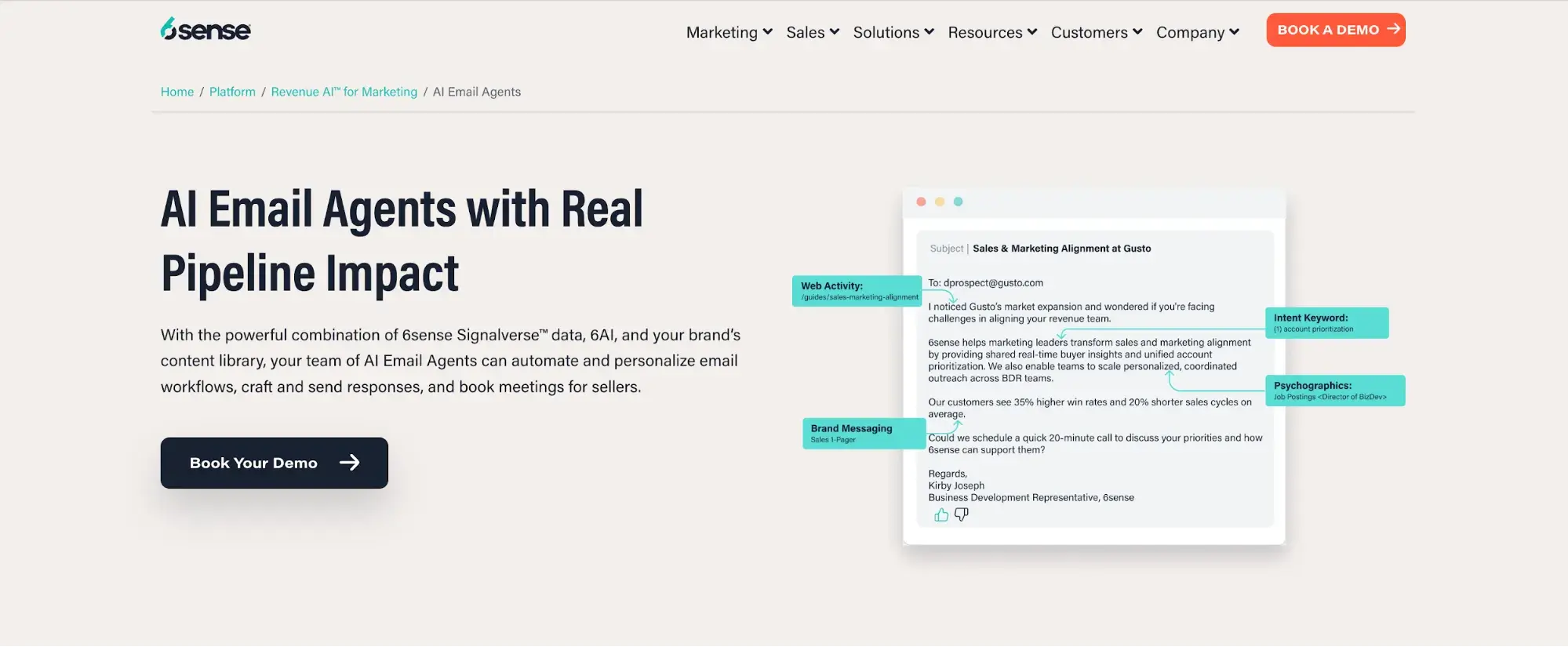 screencap of 6sense’s landing page for its ai email agents.