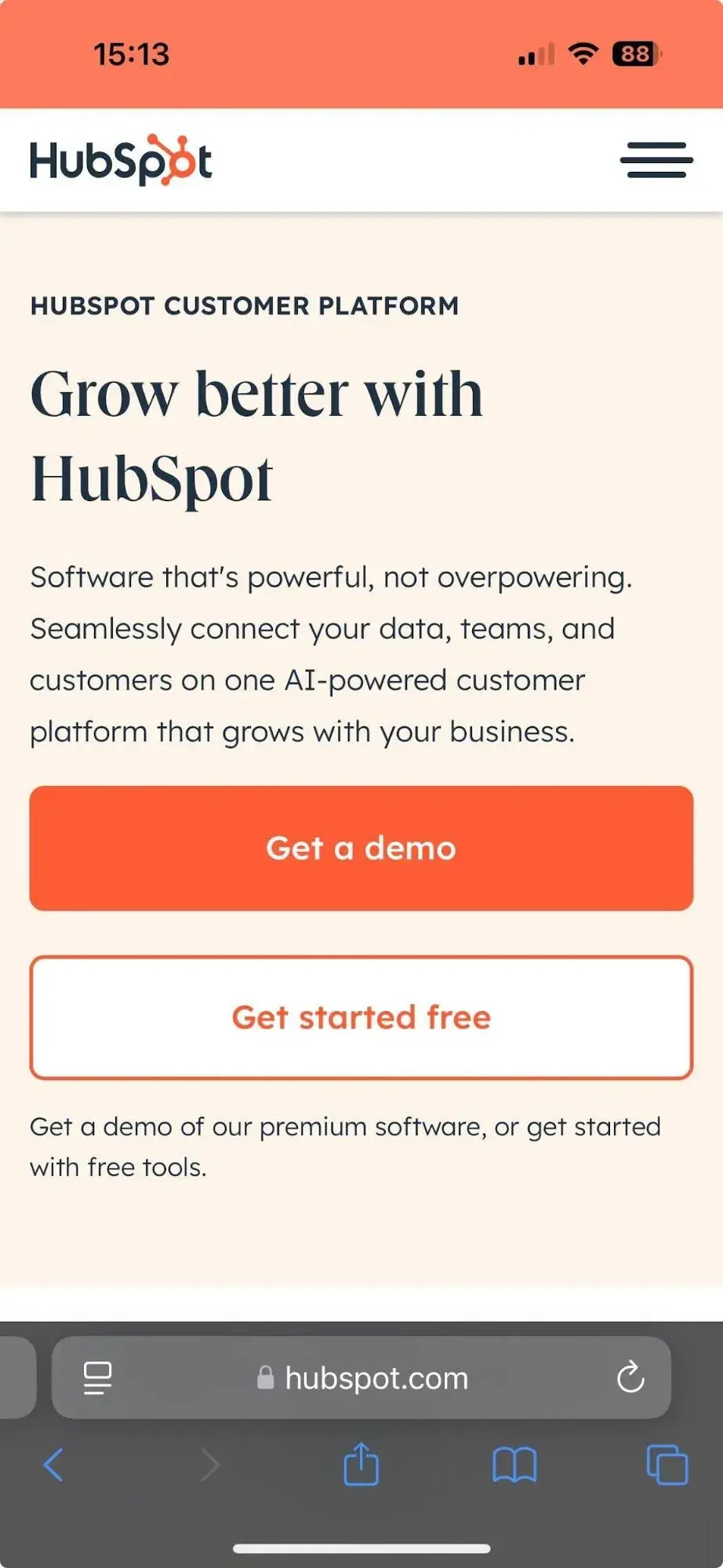 screencap of hubspot landing page on an iphone.