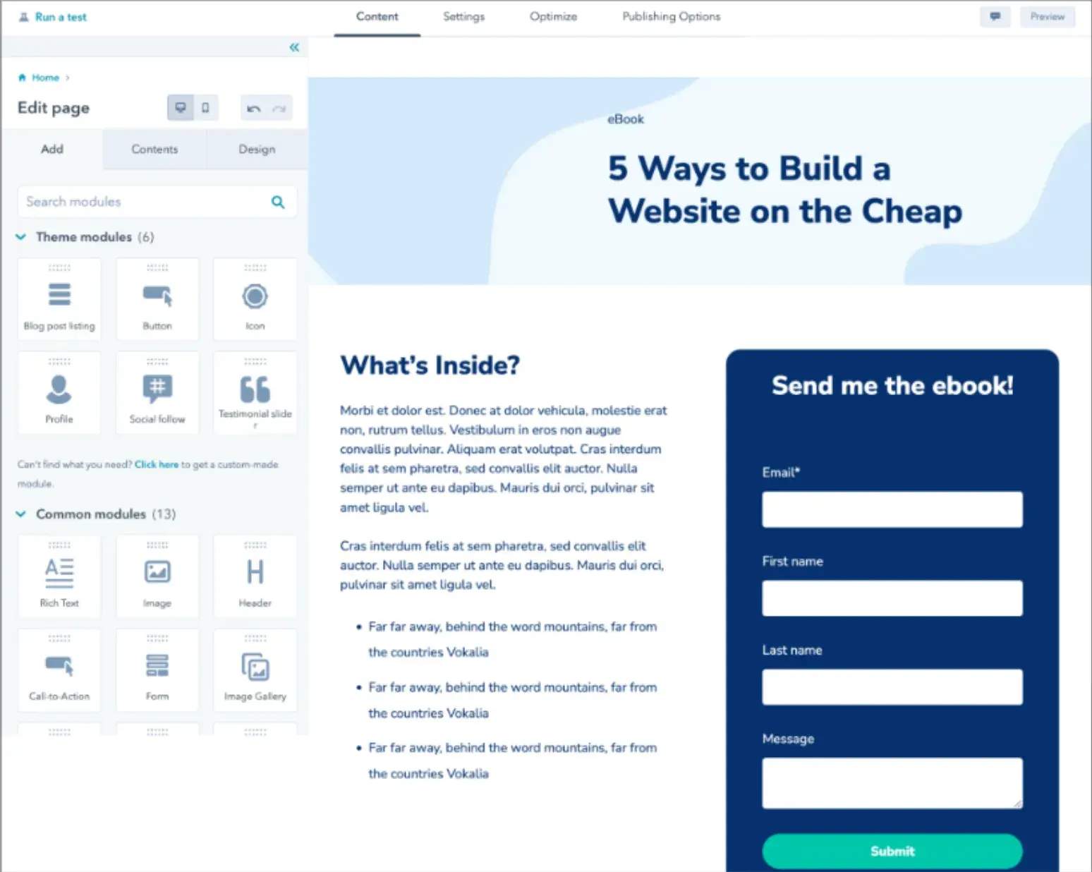 screencap of hubspot’s free landing page builder.