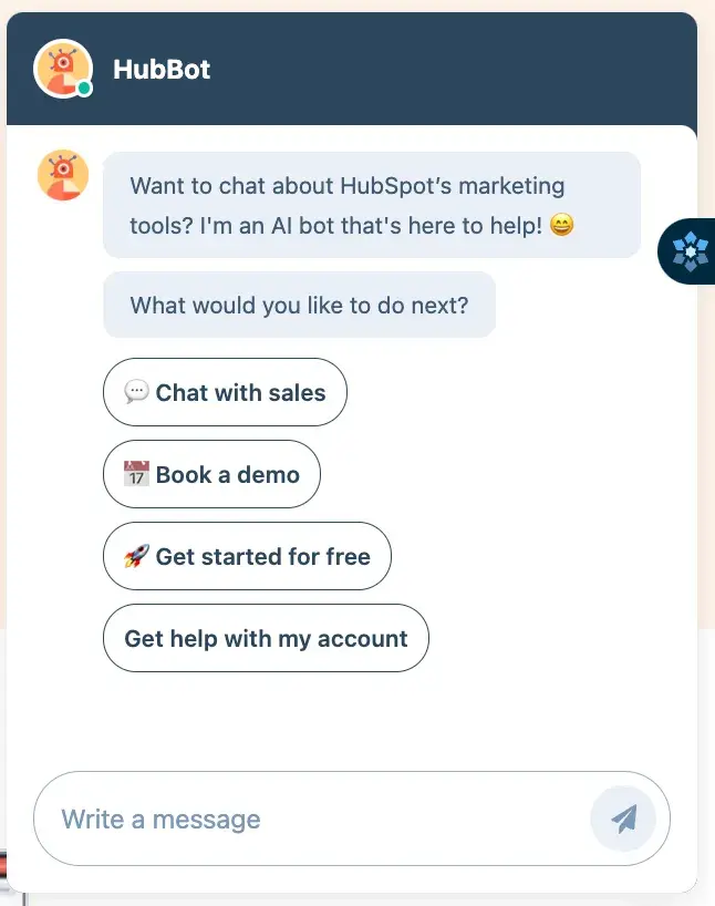 screencap of hubspot’s ai chatbot.