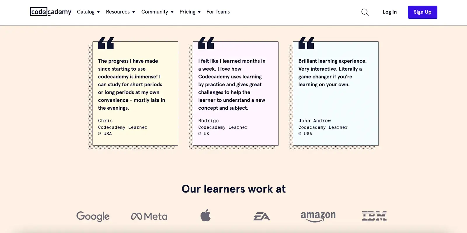 screencap of customer testimonials on codeacademy.com.