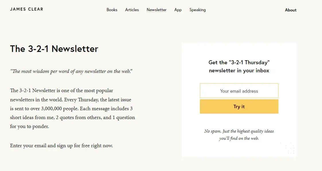 landing page example, james clear 