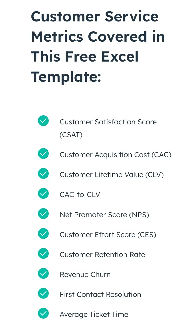 Screencap of the customer service metrics covered in this free Excel template.