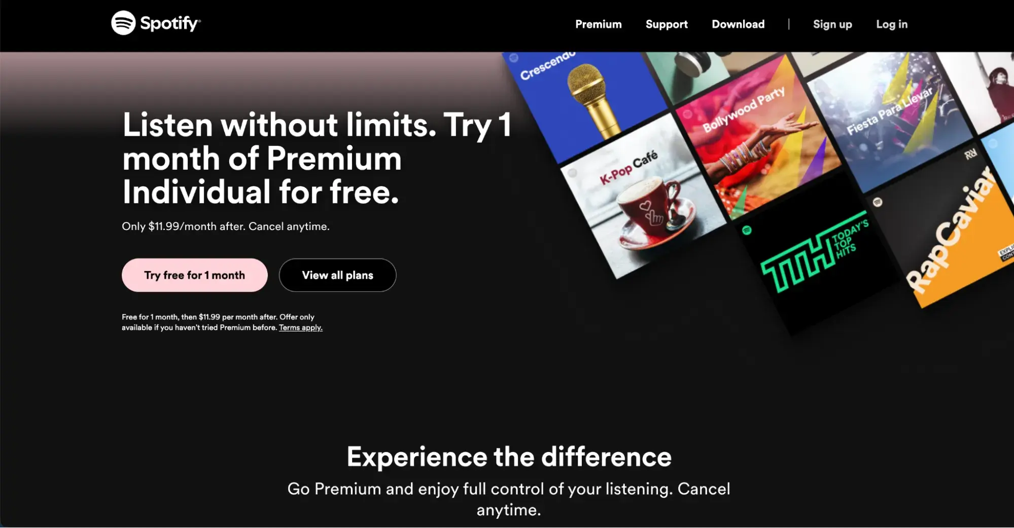 landing page vs website, Spotify CTA