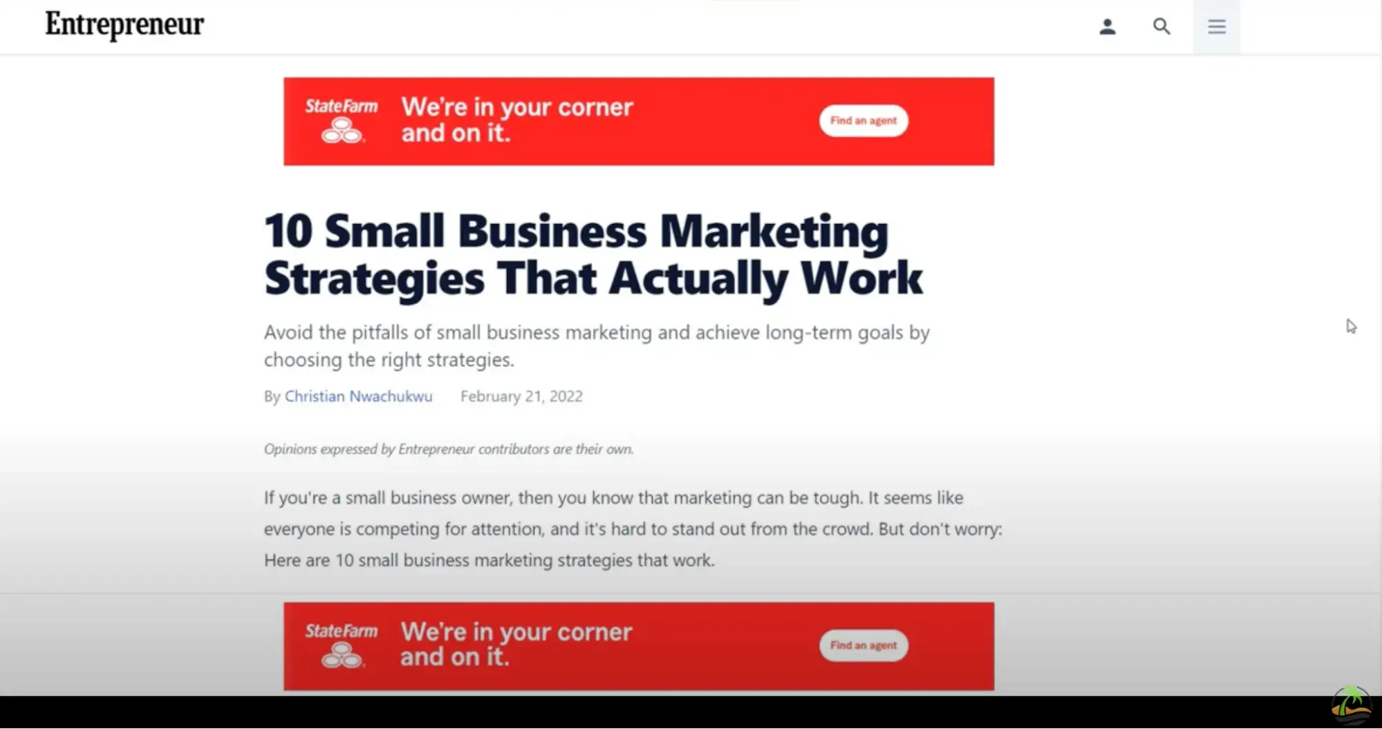 landing page vs website, banner leading to the landing page placed on the Entrepreneur site