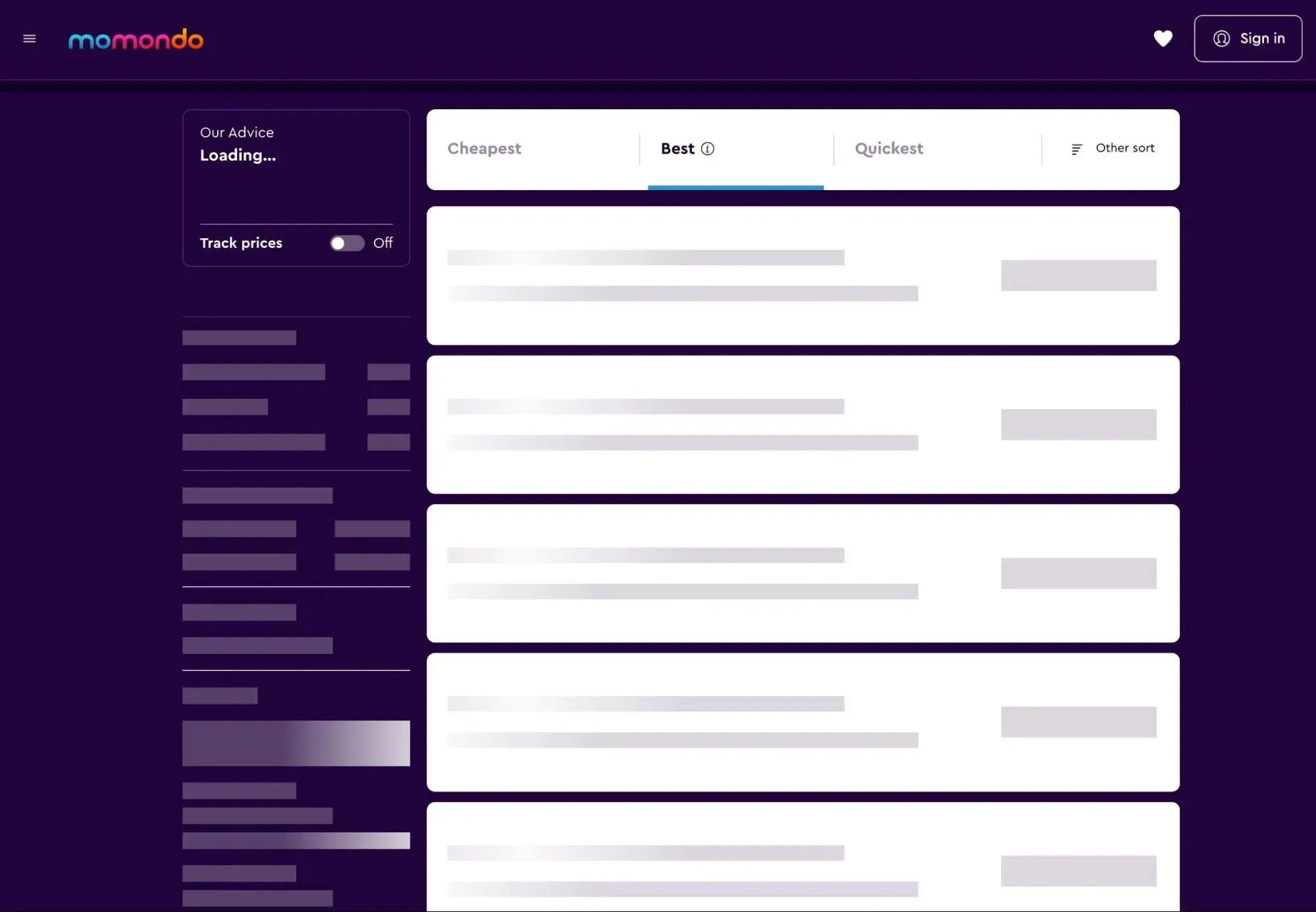 Momondo uses skeleton content on its loading page