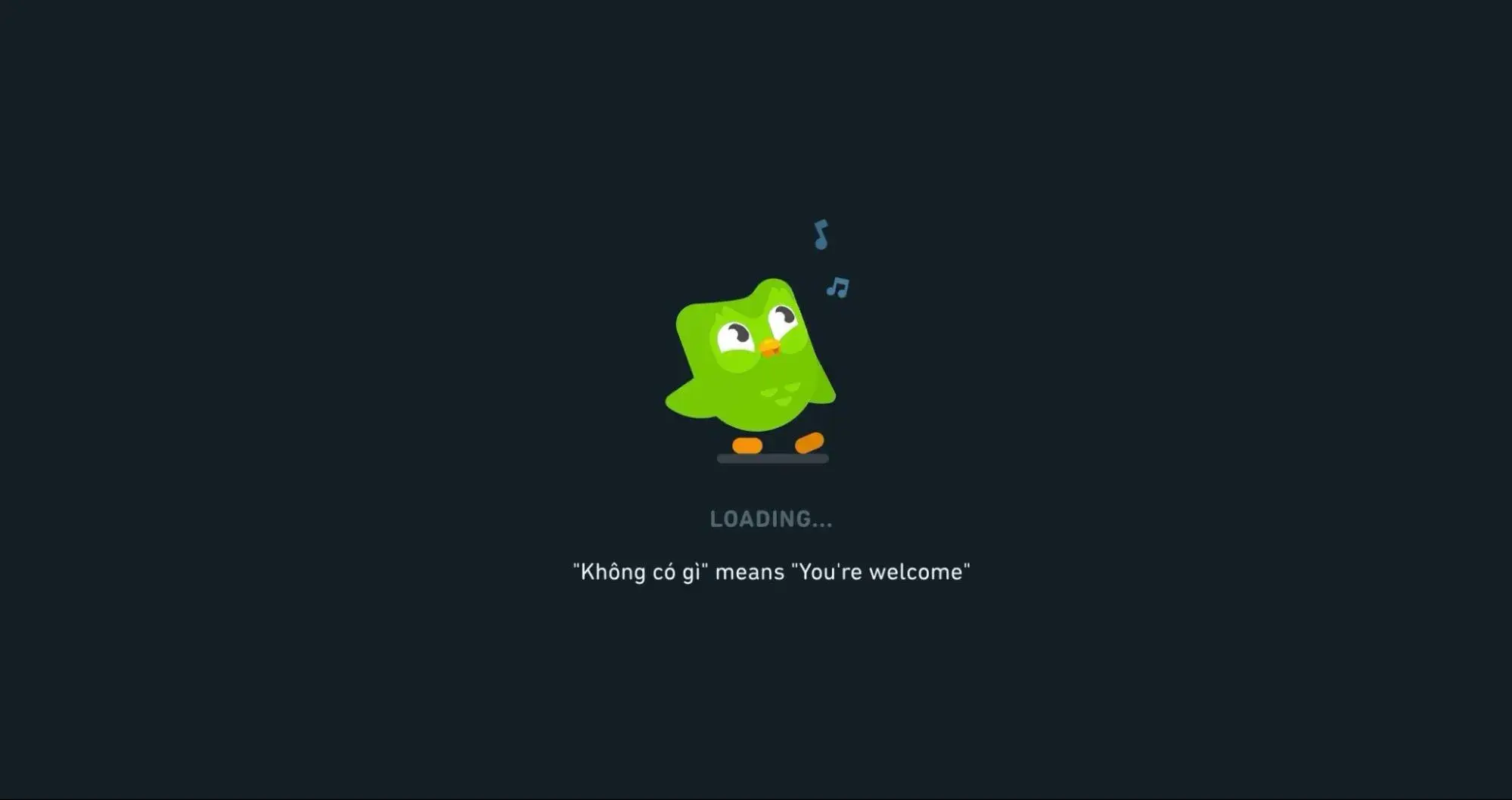 The Duolingo loading screen displays a short language lesson