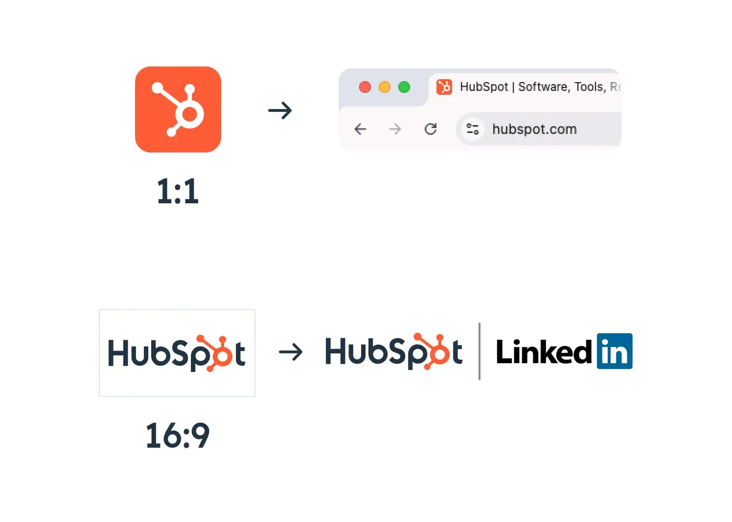 Different variations of the HubSpot logo size, type, and aspect ratio