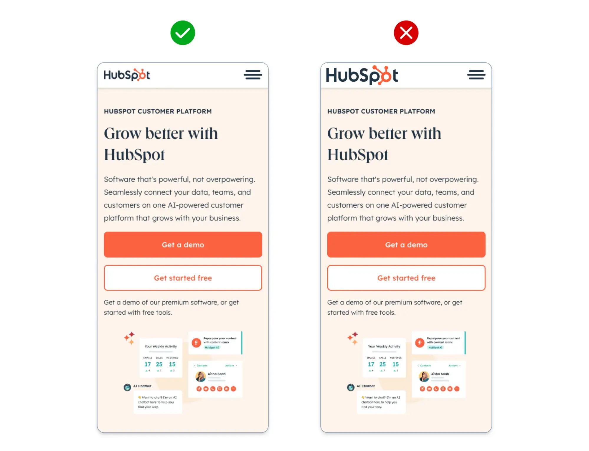 A side-by-side comparison showing the HubSpot logo with sufficient space around it and without sufficient space