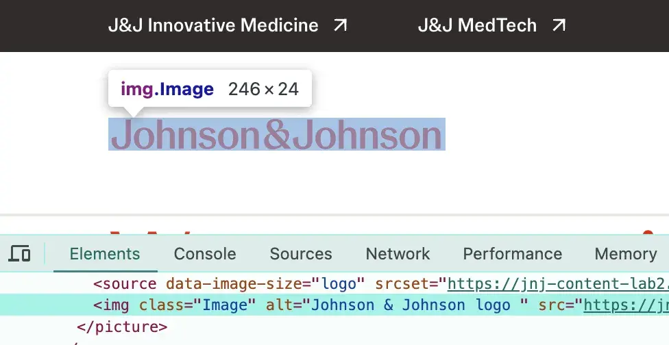 The Johnson & Johnson logo in the company’s website header