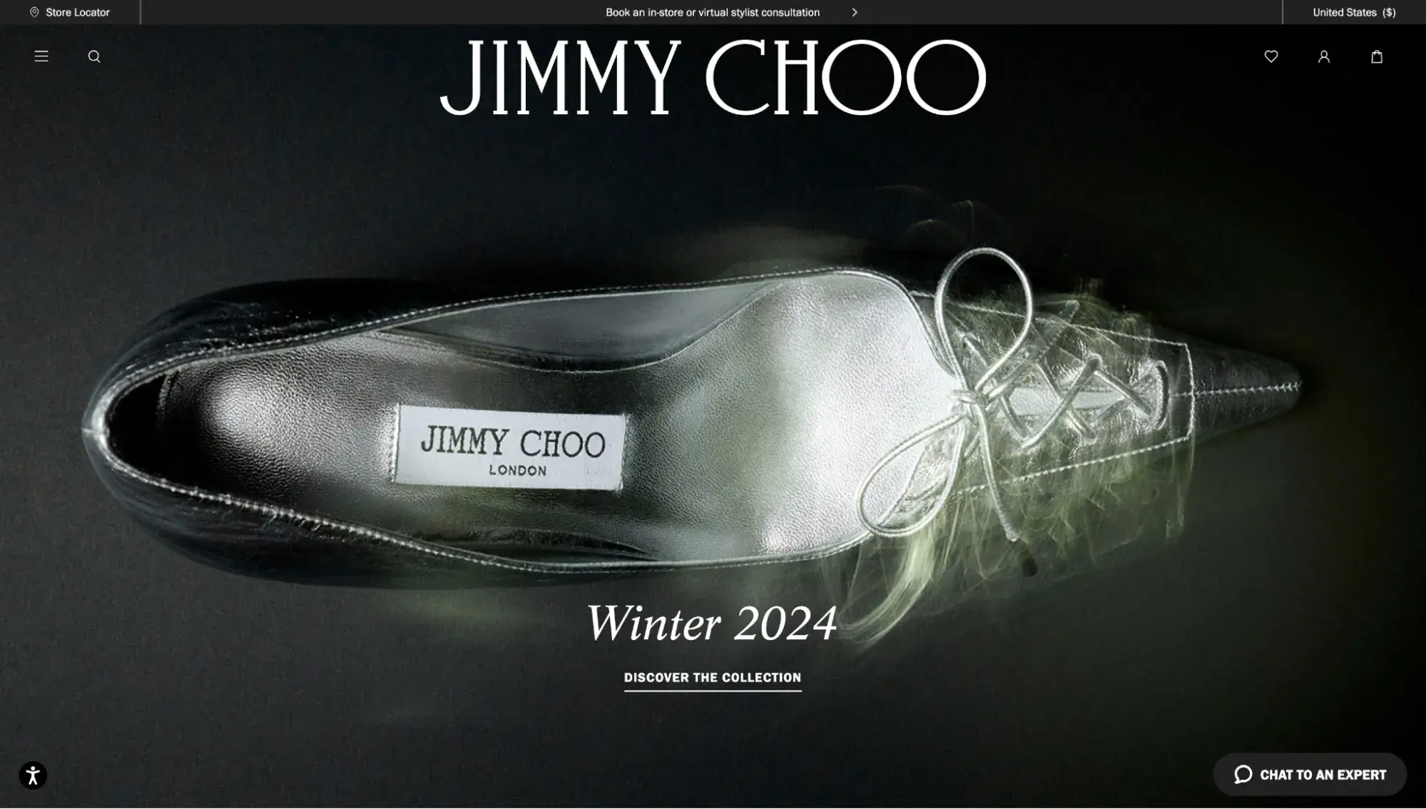 Luxury websites: Jimmy Choo’s homepage with a full-screen image of a silver shoe