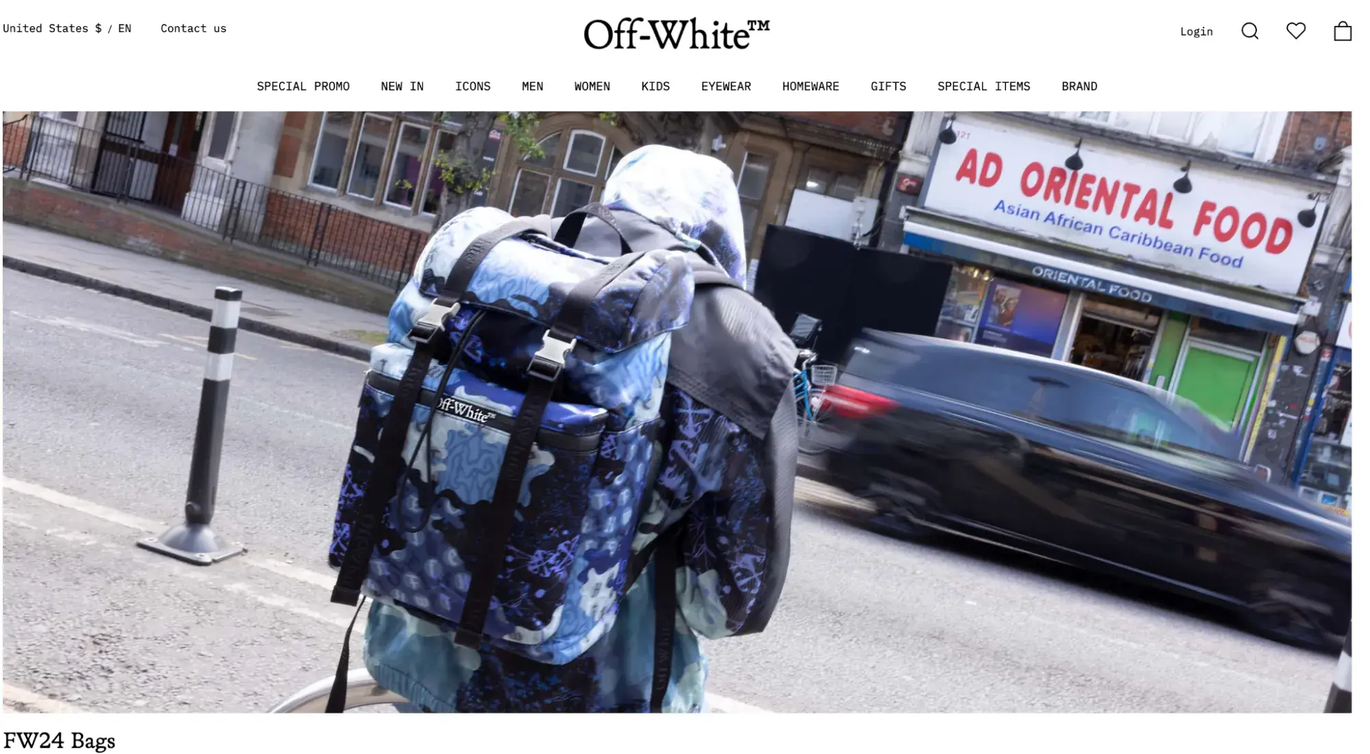 Luxury Websites: Off-White’s homepage with a full-screen hero image of its products on a city street