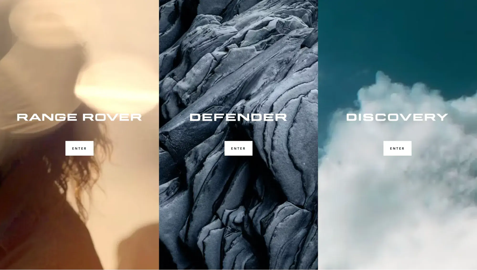 Luxury Websites: Land Rover’s website shows three options for its models: Range Rover, Defender, and Discovery.