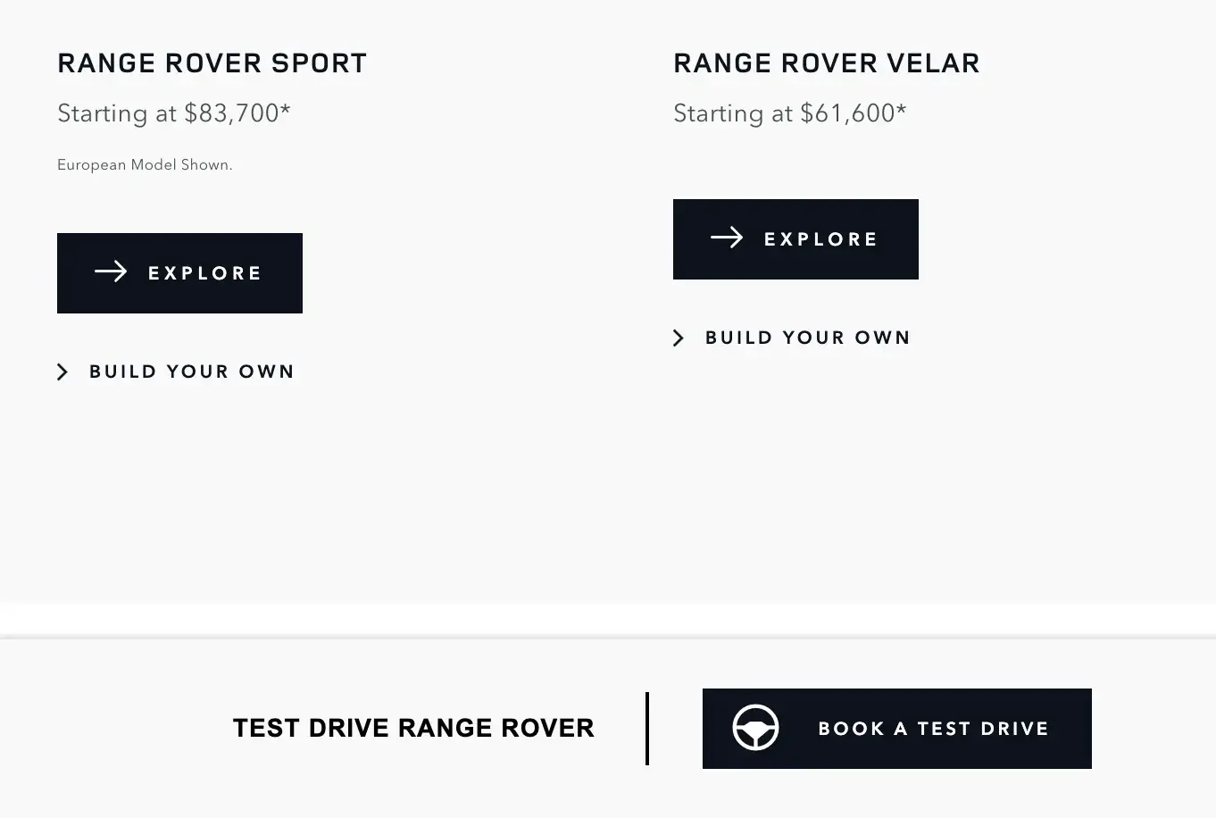 Land Rover’s call-to-action button to book a test drive